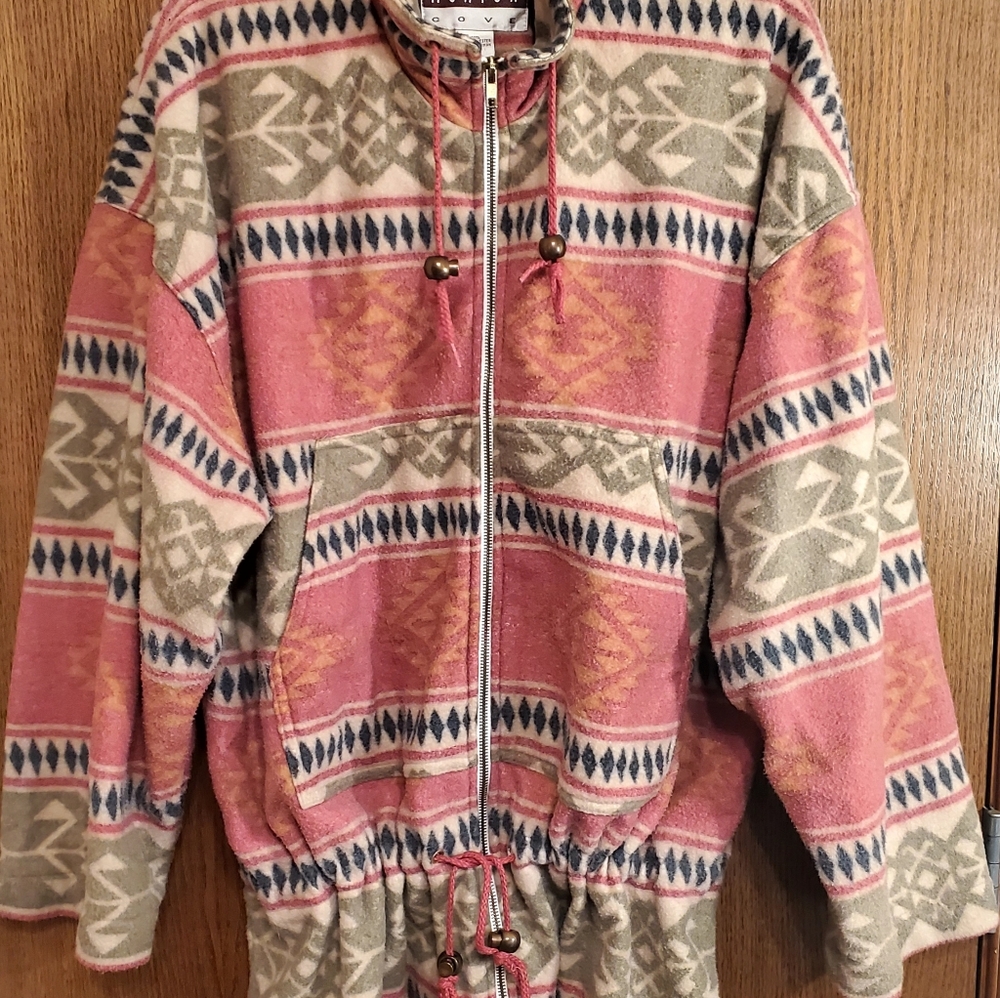 Ashton Aztec Fleece Jacket S=L Muted Pink,/Green/Blue/Cream/Tan Adjustable Waist